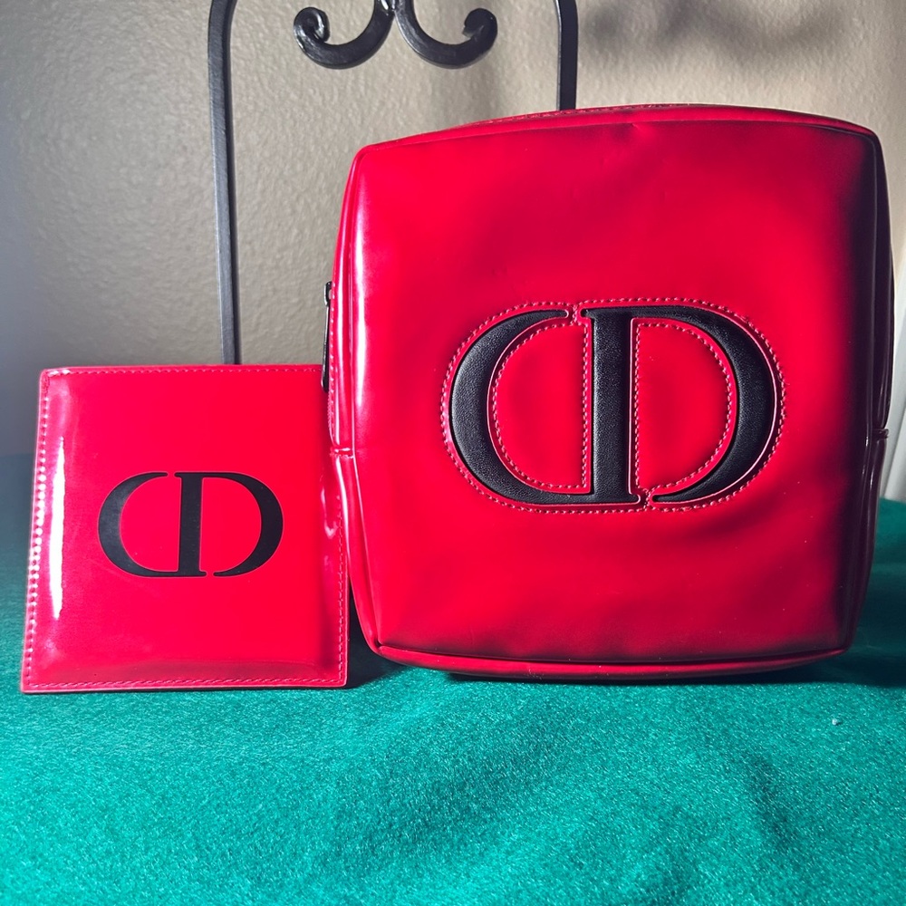 Authentic NWOT Preloved Matching Red CD compact mirror and makeup pouch